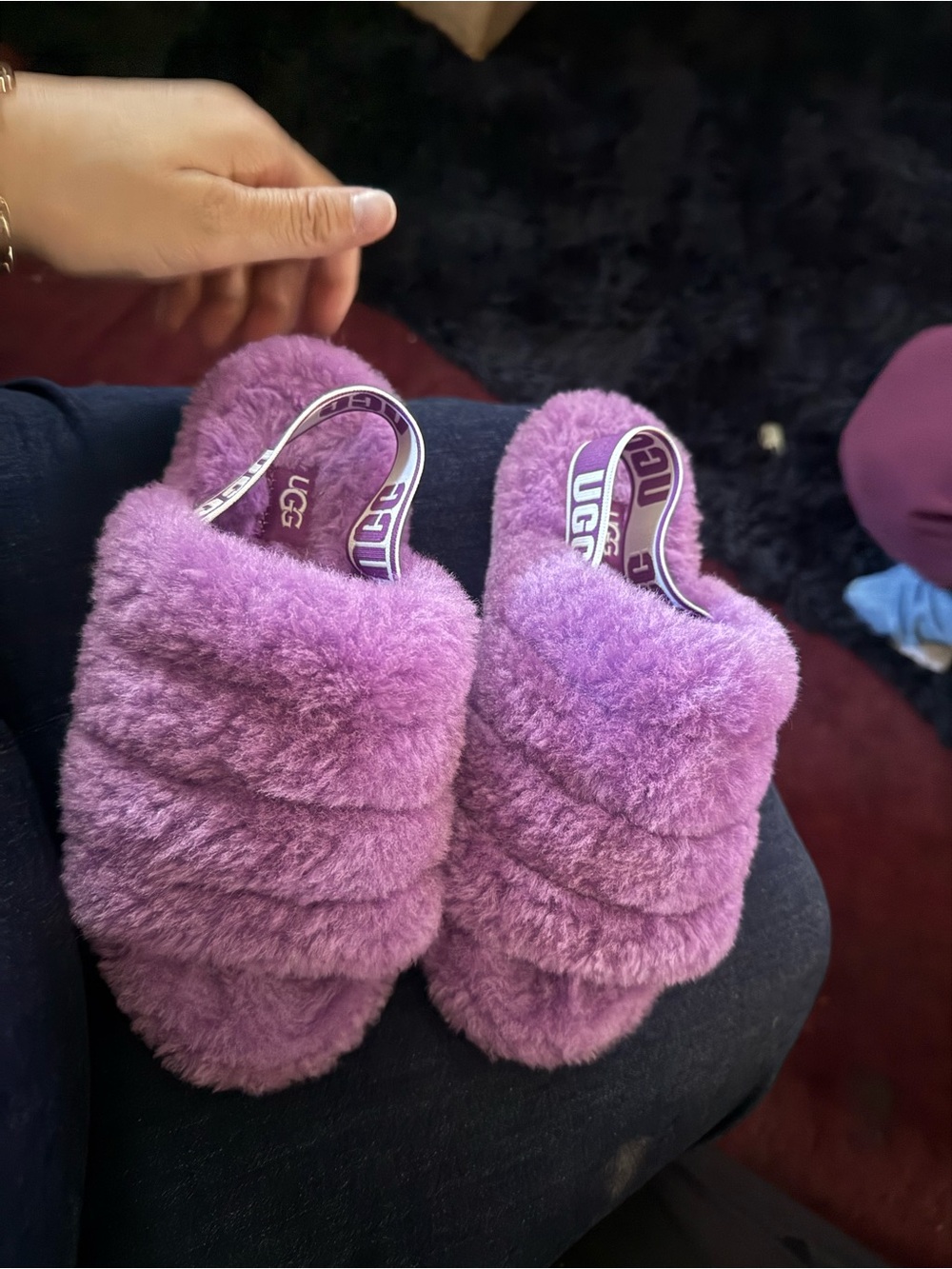 UGG Purple Plush Shearling Slide Slippers with Logo Backstrap